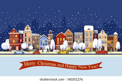 Winter City Street.Cristmas Card.Vector Illustration.