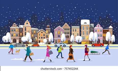 Winter City Street.Winter Landscape With People.Vector Illustration.City Landscape Set With Buildings,people , Shop And Stores, Transport, Vector Illustration.Winter Town.