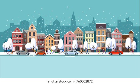 Winter city street.Winter landscape with people.Vector illustration.City landscape set with buildings,people , shop and stores, transport, vector illustration. 