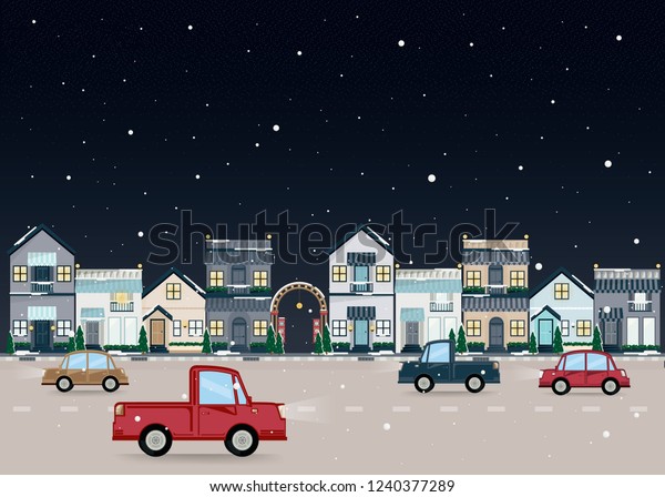 Winter\
city street.Winter landscape with Urban building and street.Vector\
illustration.City landscape set with\
buildings.