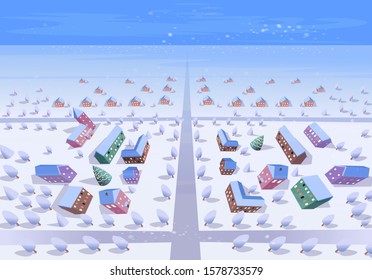 Winter city top view in the afternoon. Vector Illustration in Cartoon Style.