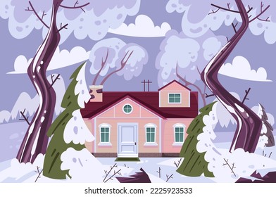 Winter city town snow forest village cityscape concept. Vector graphic design illustration element