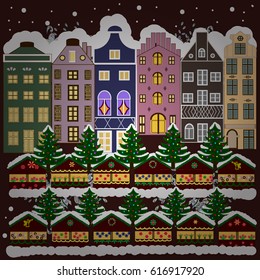Winter city with trees, cute houses, sun. Vector illustration. Fir-trees. Fabric print. Winter nature landscape.