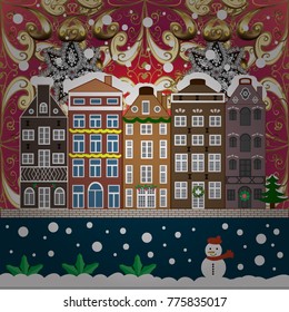 Winter city with trees, cute houses. Over a background. Landscape with nature and houses. Winter is coming. Nature landscape. Vector illustration. Holidays Vector illustration.