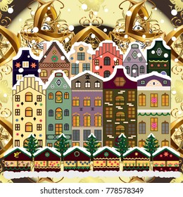 Winter city with trees, cute houses, sun. Fir-trees. Winter nature landscape. Fabric print. Vector illustration.