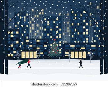 Winter City Under The Snow. Christmas Tree. Street Lights In The Night.