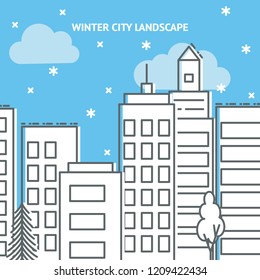 Winter city vector card template in thin line style