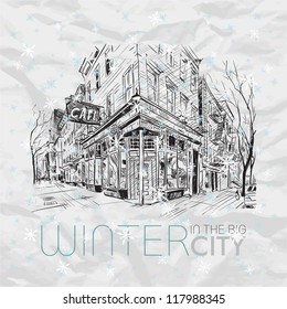 Winter in the city. Vector illustration.