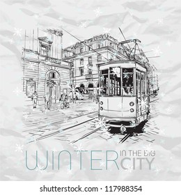 Winter in the city. Vector illustration.