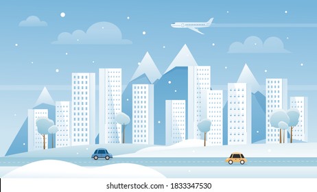 Winter city vector illustration. Cartoon flat modern urban town metropolis landscape, snowy panorama cityscape with skyscraper buildings, cars on street road wintertime scene, travel poster background