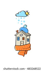Winter in the city. Vector illustration of a House in knitted scarf and hat in hand drawn style. Cozy mood.