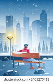Winter city. Vector illustration of winter street with man on bench, light lantern, bushes, silhouette city, falling snow. Christmas night town scene. Snowfall cityscape background.City park landscape