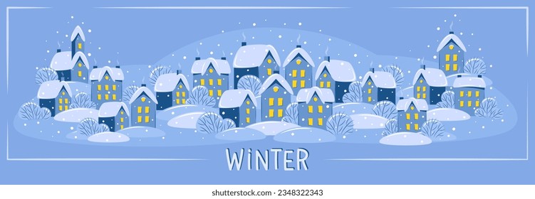 Winter city or village for a New Year and Christmas background. Snowy winter landscape with houses and trees. Vector illustration 