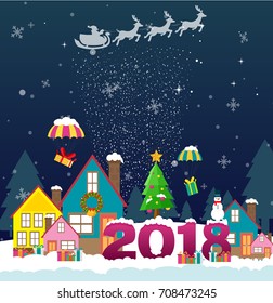 Winter cityscape 2018. Christmas winter city street with small houses and trees, presents, snowmen, Christmas trees. Sleek style vector illustration.
