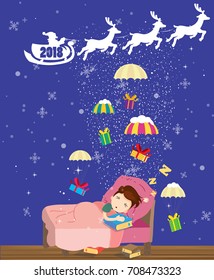 Winter cityscape 2018. Christmas winter city street with small houses and trees, presents, snowmen, Christmas trees. Sleek style vector illustration.
