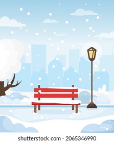 Winter cityscape with bench, lantern, path, tree, bushes and city skyline. Winter landscape for banner, postcard, poster. Vector illustration in flat style