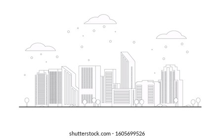 Winter cityscape in black outline. Flat design. Vector illustration 