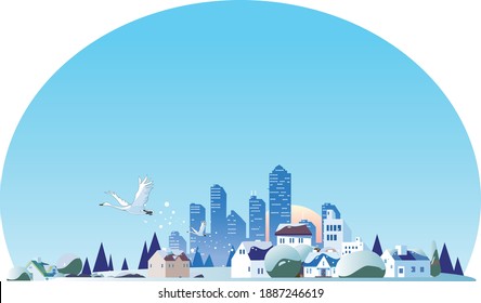 Winter cityscape and blue sky with swans flying
