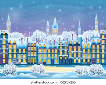 Winter cityscape. Can be used as greeting card, invitation card, poster, banner & etc. Handmade drawing vector illustration.