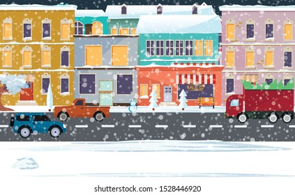 Winter cityscape. Cars drive on the road. Night snowfall in the countryside. Vector.
