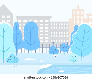 Winter cityscape of city, park of town. Buildings and skyscrapers, residential constructions. Wintertime landscape with trees covered with snow. Bushes and ice skating rink. Urban area vector