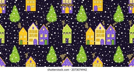 Concepto de paisaje urbano invernal con edificios multicolores de varios pisos sobre fondo morado oscuro. Patrón de Navidad sin inconvenientes para productos textiles de moda y papelería de papel. Vector.