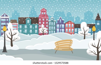 Winter cityscape with the European houses and the snow. Flat vector illustration.