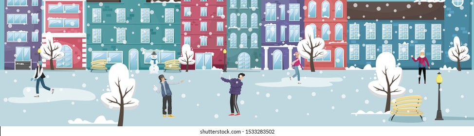 Winter cityscape with the European houses and the snow. People play in the snow and ice skating. Flat vector illustration.