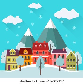 Winter cityscape with falling snow, urban landscape with small cute houses and mountains. EPS10 vector illustration in flat style.