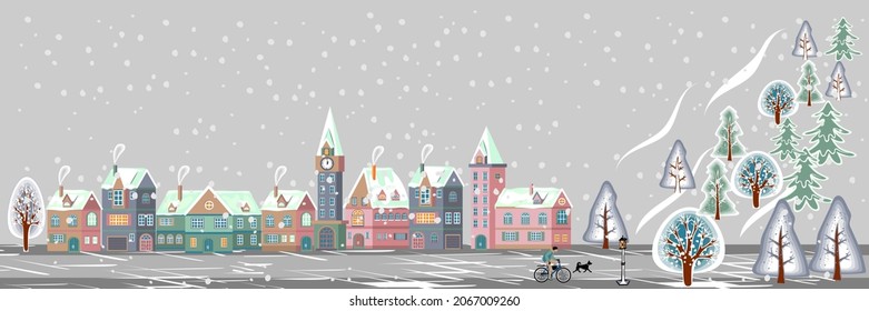 Winter cityscape with  houses, a clock tower, trees, a cyclist with a dog, a lantern and snow. Background  with place for text.Vector Christmas street village city. Isolated flat cartoon illustration.