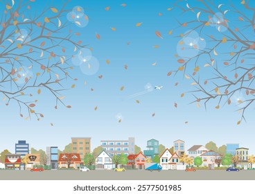 Winter cityscape illustration. Vector illustration of buildings.