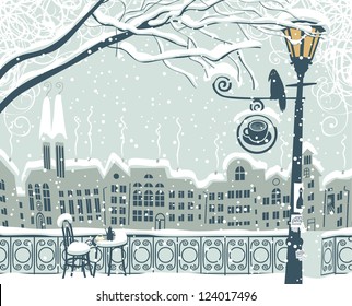 Winter cityscape with a lantern and a bird