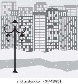 Winter cityscape with lantern. Vector illustration