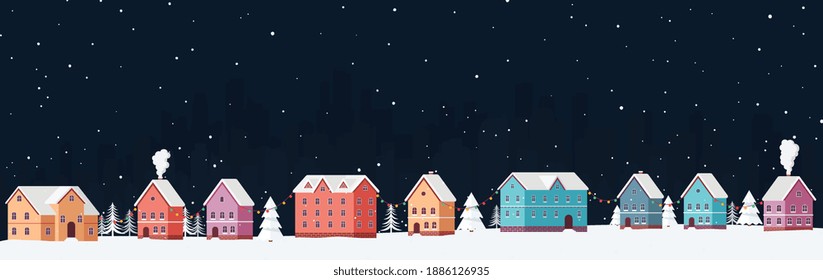Winter cityscape at night with snow among snowdrifts and Christmas trees with festive garlands. Snowy panorama city eve New Year's holidays.
