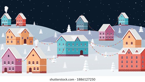 Winter cityscape at night with snow falling on New Year's eve. Snowy city among snowdrifts and Christmas trees with festive garlands.