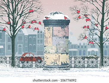 Winter cityscape with old advertising column, flocks of bullfinches perching on the trees and houses on the background