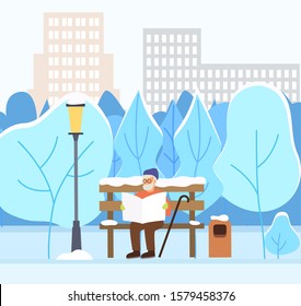 Winter Cityscape And Old Man Sitting On Wooden Bench Reading Newspaper. Grandfather With Stick In Park. Cold And Frosty Day Outdoors. Senior Character In City. Vector In Flat Style Illustration