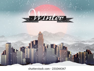 Winter Cityscape Panorama - Vector Illustration