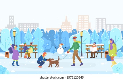 Winter Cityscape With People Walking And Playing Outdoors. Man Walking Dog On Leash. Couple Hugging In Park. Old Male Reading Newspaper. City With Skyscrapers And Trees Greenery, Vector In Flat