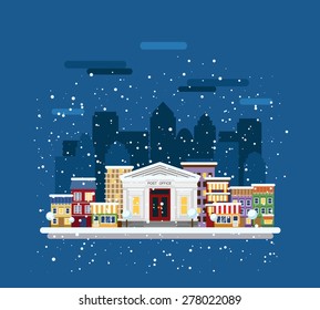 Winter cityscape. Post office in the city.