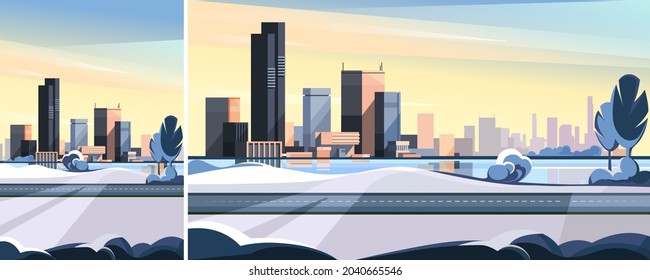 Winter cityscape with road and lake. Beautiful urban scene in different formats.