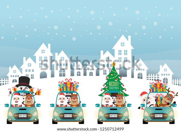 Winter cityscape and Santa Claus and friends drive\
car on snow