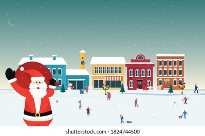 winter cityscape with santa claus. Snowy day in a cozy city. Winter Christmas village. Vector