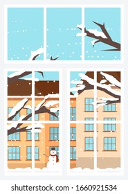 Winter cityscape scenery view from inside house. Window frame isolated interior design. Snowy town buildings and sculpted snowman at street. Cold weather and xmas mood outdoors, vector in flat