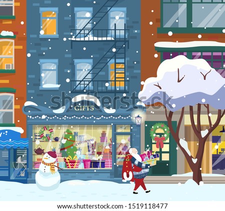 Winter cityscape with shops and Santa walking with presents. Gifts shop showcase. Shop exterior. Christmas city night. Flat cartoon.