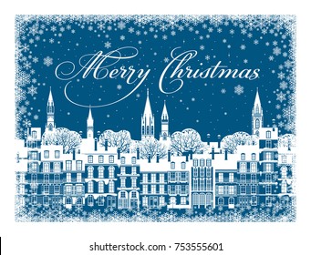 Winter cityscape sketch. Can be used as greeting card, invitation card, poster, banner & etc. Handmade drawing vector illustration. Vintage style.
