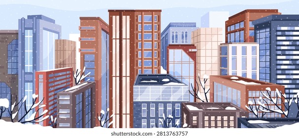 Winter cityscape with skyscraper buildings covered with snow. Urban environment in cold seasonal atmosphere with structured architecture. Metropolitan life in snowbound period conditions