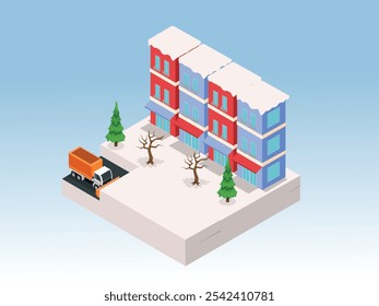 Paisaje urbano del invierno con los edificios nevados y la Ilustración vectorial isométrica 3d del camión quitanieves