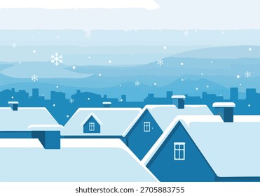 Winter Cityscape with Snow-Covered Roofs and Falling Snowflakes 
