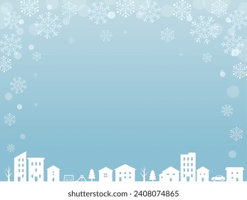 Winter cityscape and snowflake background frame